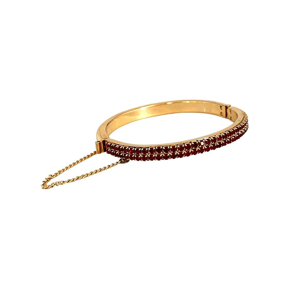 Vintage 1960s Deep Red Rhinestone Hinged Clamper Bracelet Gold Tone - 15A